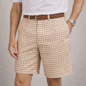 Peter Millar Wicking Performance Shorts Gingham Plaid Brown White Men's 32 Golf